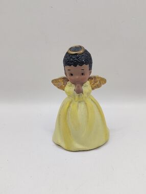 Vintage Precious Porcelain Praying Angel Figurine Bell in Yellow Dress